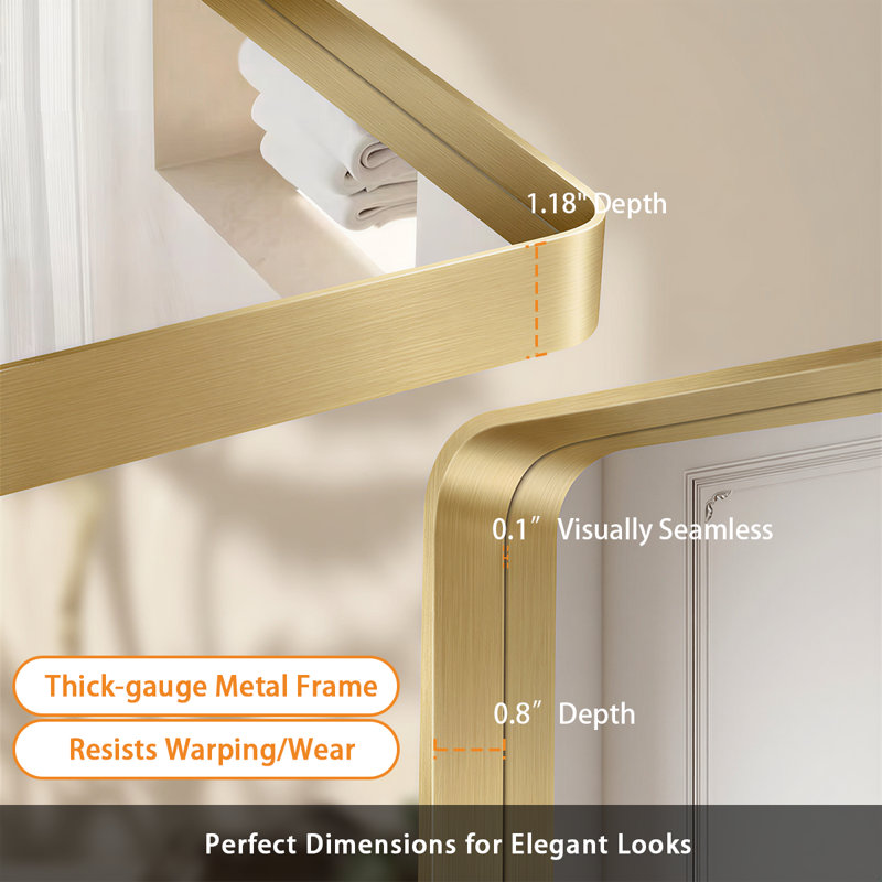 Lunara 1.18" Deep Rounded Corner Rectangular Bathroom Wall Mirror with Premium Tempered Glass & Aluminum Alloy Framed, Gold