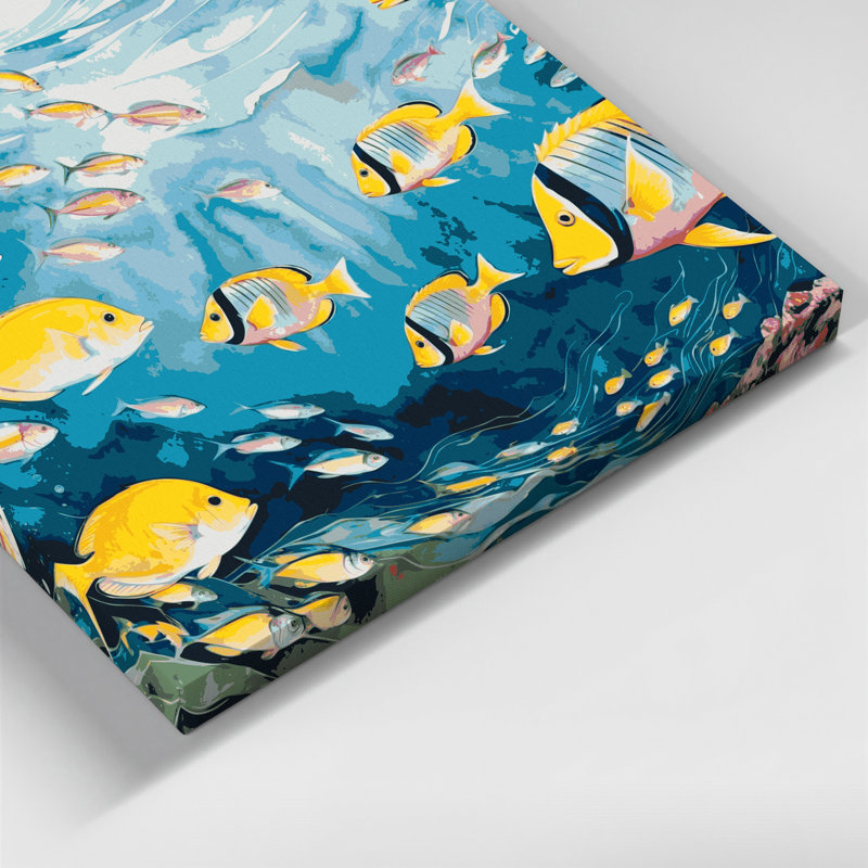 Art mural sur toile hawaïenne, groupes de poissons bleus, H 32 po x l 32 po