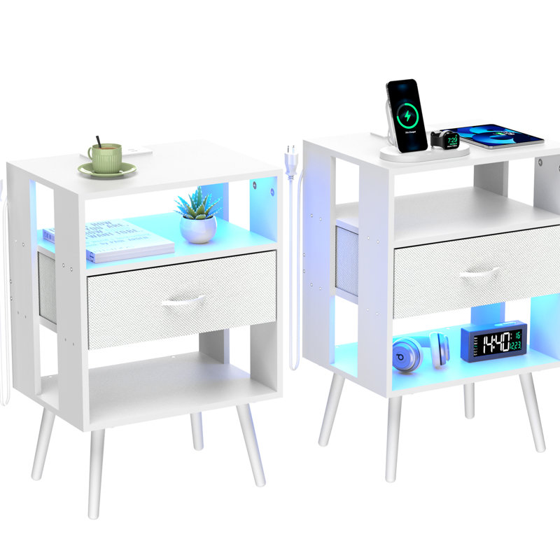 Paquet de 2 tables de chevet avec DEL et station de charge, table de chevet moderne non-tissée, installation de tiroir réglable, support de charge élevé, station de travail Scratch, panneau enduit, conception imperméable,