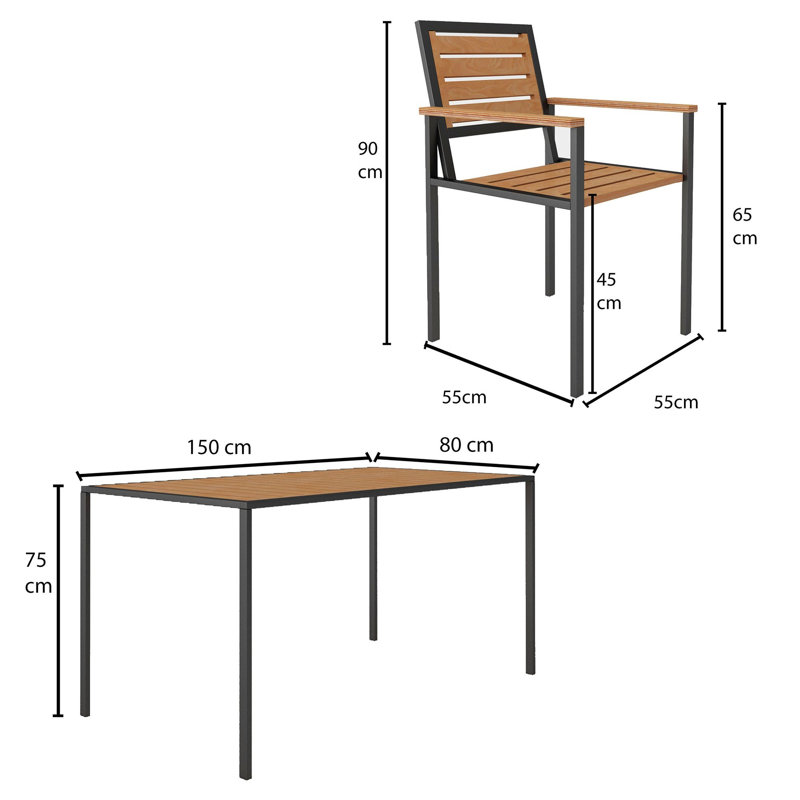 Ensemble de table et chaises de jardin 7 pièces, couleur teck, bois de pin massif avec pieds en métal (1 table: 59,1 po x 29,5 po x 31,5 po, 6 chaises: 21,7 po x 17,7 po x 17,7 po) | Durable, élégant, parfait pour les repas en plein air et la détente, assemblage facile
