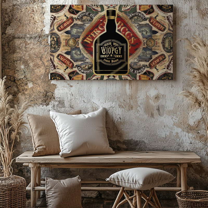 Toile Un collage vibrant d'étiquettes de whisky remplit la composition d'un art mural, H 9 po x l 12 po