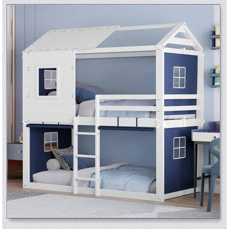 Bunk Wood House Bed With Tent, Lit simple, Bleu / blanc