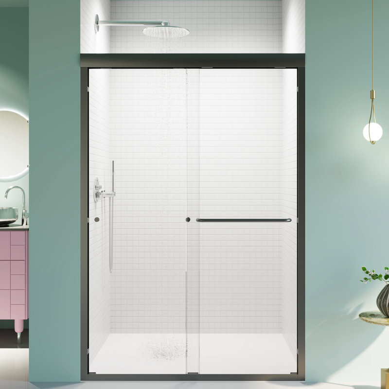 Porte de douche semi-ouverte, l 48 po x H 72 po, verre trempé, noir mat, aspect de salle de bain sophistiqué, l 44 po à 48 po x H 72 po, coulissante double pour améliorer la fonctionnalité de l'entrée