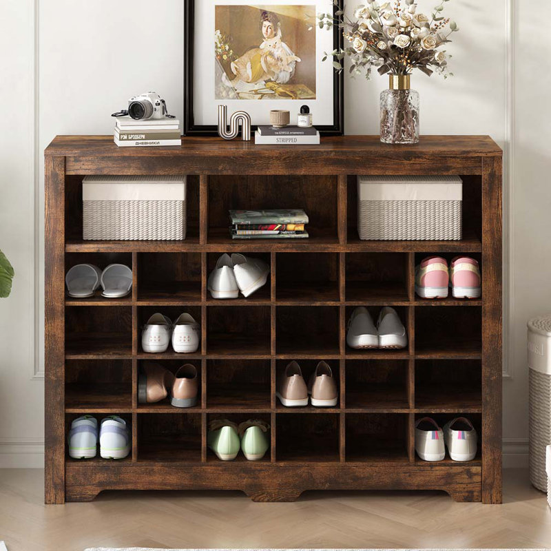 Modern 24-Cubby Shoe Cabinet & Sideboard – Curved Base Storage Console for Entryway, Living Room, or Bedroom, Brown