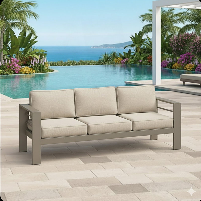 All-Weather Metal 3-Seat Patio Sofa With Cushions, Beige, Light Khaki