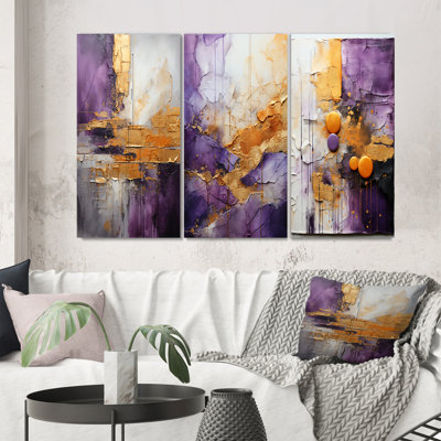 Gold Purple Abstract Fractal Wall Art, 3-Piece Canvas Set - Gold Purple Abstract Fractal