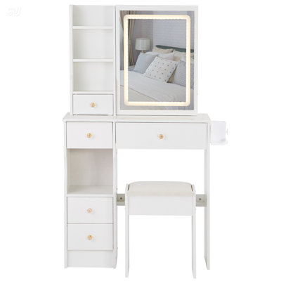 Compact 29.2 Inch Vanity Table Set With LED Mirror, Power Station, And Padded Stool For Small Spaces, Featuring Tri-Color Lighting And Hair Dryer Brac