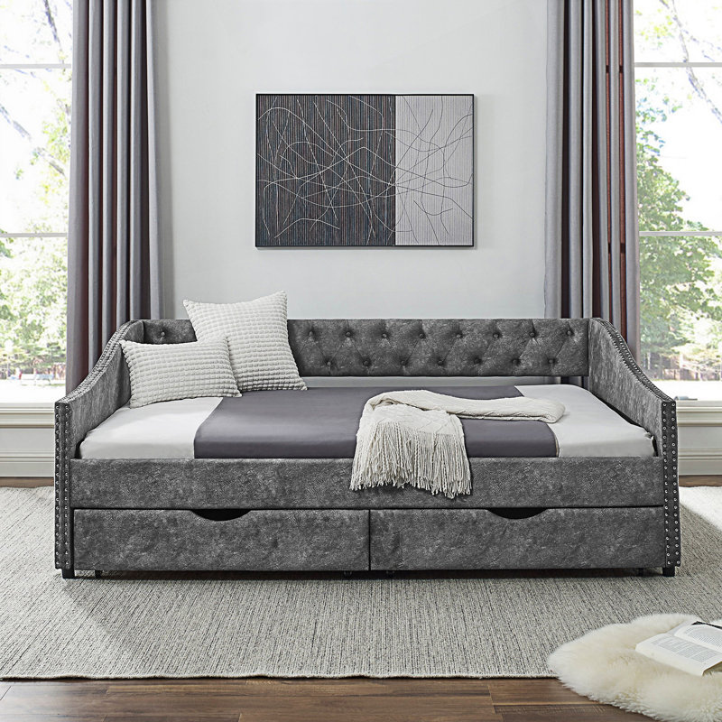 Modern Full Size Daybed With Drawers, Upholstered Tufted Sofa Bed, Gray, Full/Double