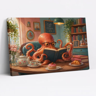Toile orange, pieuvre orange portant un livre de lecture sur toile Halloween