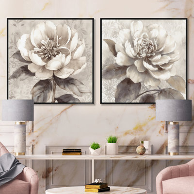 Pivoines grises sur une branche - ensemble de 2 pivoines carrées