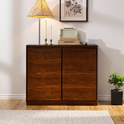 Walnut Buffet Cabinet with Outlet Holes & Storage - Slim Entryway, Hallway or Kitchen Organizer, 39" x 9.25" x 32.63"