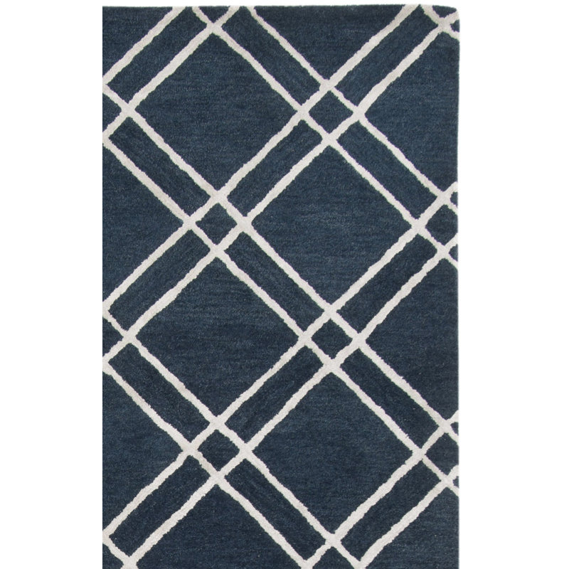 Tapis bleu marine en laine touffeté à la main Milroy, Tapis de couloir 2 pi 3 po x 6 pi