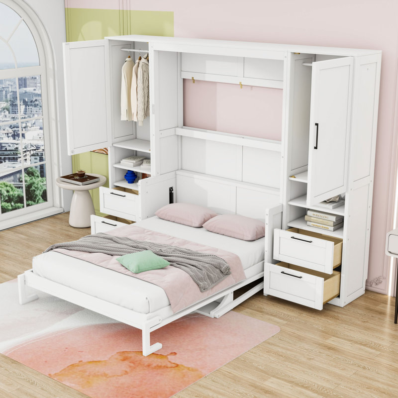 Lit escamotable double en bois avec tablette de rangement, armoire latérale et tiroirs, Blanc