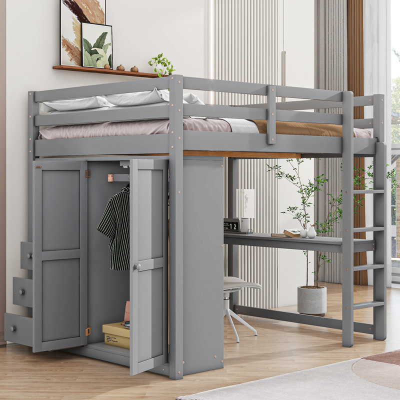 Lit mezzanine en bois avec garde-robe intégré, Gris
