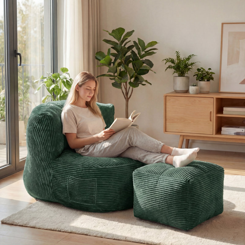 Oversized Adult Bean Bag Chair With Ottoman, Corduroy Fabric Lazy Sofa, Plump Shredded Foam Filled, Soft Fluffy & Portable, Back Support For Napping & Gaming