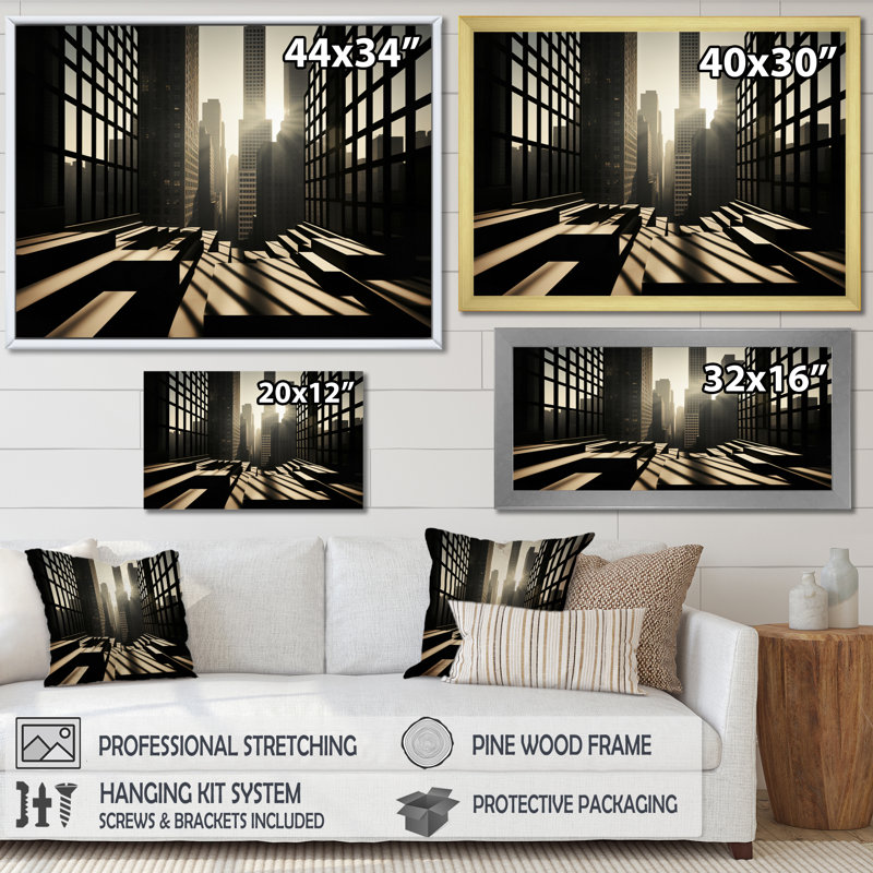 «Skyscrapers Architectural Shadows» sur toile, Cadre simple noir, H 34 po x l 44 po x P 1,5 po