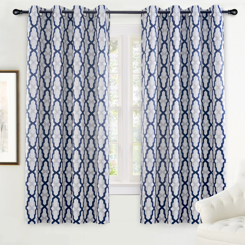 Elfrida Geometric Room Darkening Thermal Grommet Curtain Panels, Navy, 52" W x 72" L