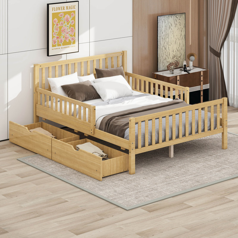 Lit de rangement avec tiroirs, lit plateforme en bois avec garde-corps des deux côtés et 2 tiroirs de rangement, Lit double
