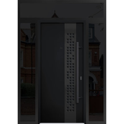 Porte avant en acier pré-suspendue à l'avant / deux portes en émail noir 6078/2 fenêtres latérales et latérales supérieures à l'avant / entrée en métal peint moderne l 12 + 36 + 12 po x H 80 + 16 po à gauche