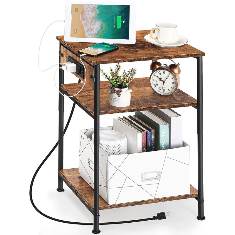 Allouette End Table and Built-In Outlets, Brown