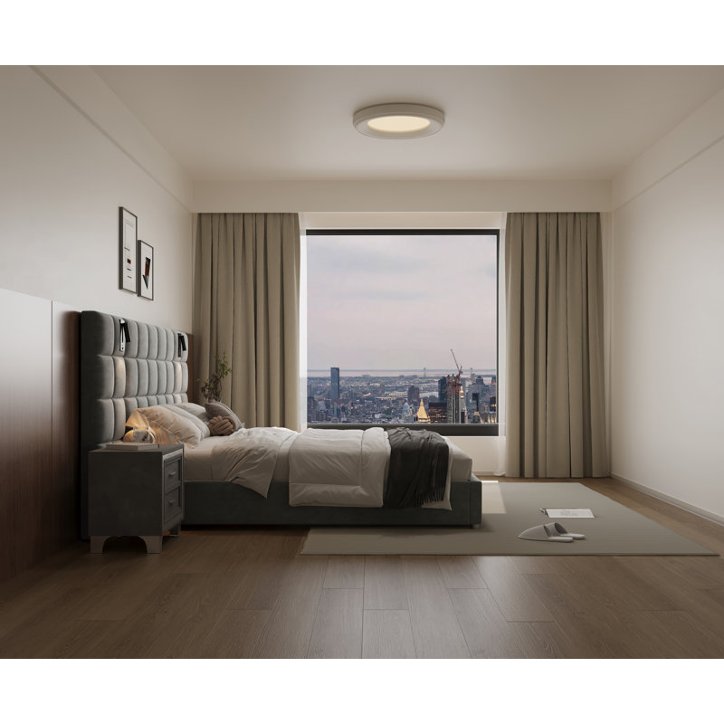 Upholstered Bed With Led-illuminated Headboard & Built-in Usb Ports, Queen