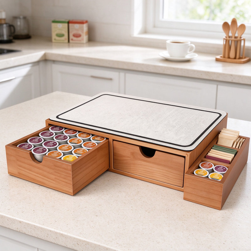 Wooden K Cup Organizer Coffee Pod Storage Box with Multiple Drawers and Coffee Maker Stand, Pine Wood Coffee Station Holder for Kitchen Counter, Home Office and Coffee Bar