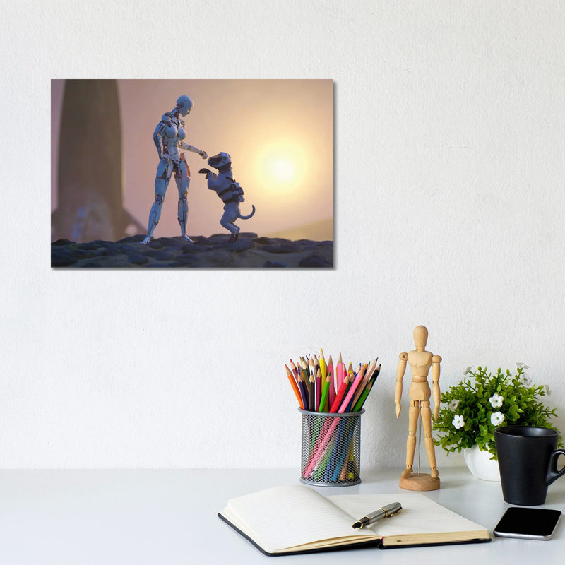A Robot Playing with a Dog on the Surface of Mars by Mike Kiev - Wrapped Canvas Painting, 20.32 cm H x 30.48 cm W