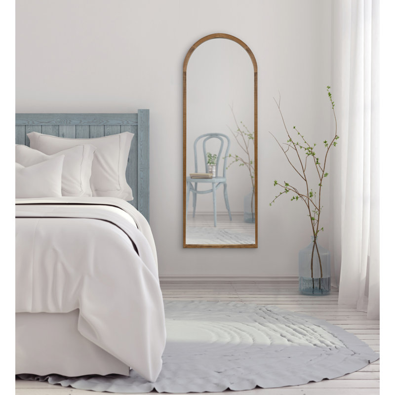 Skyeler Modern Wood Arched Accent Mirror, Natural Rustic, 48" x 16"
