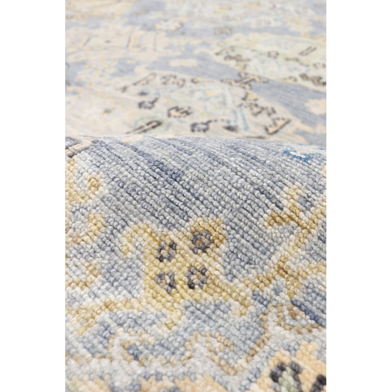 Hand-Knotted Light Blue Wool Floral Rectangular Rug