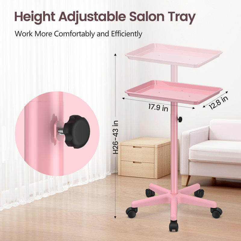 Utility Cart with Wheels Storage Cart with Tray Height Adjustable Salon Tray Cart, Pink