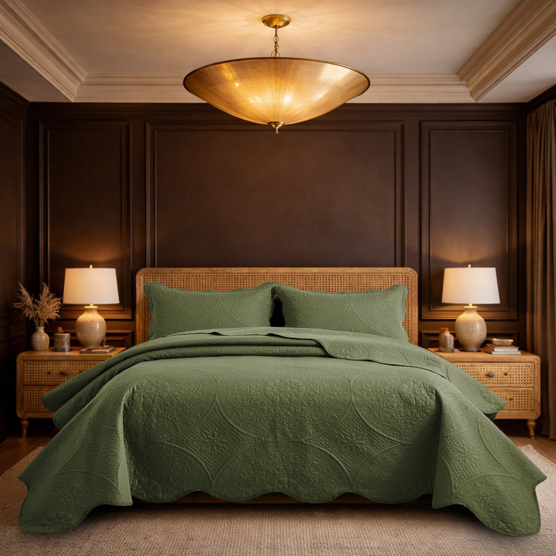 Moonlight Oversized Floral Embossed Bedspread Set – Lightweight Reversible Quilt Bedding with Pillow Shams, Olive Green