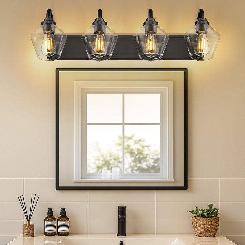 Meuble-lavabo à 4 lumières en verre clair avec abat-jour en verre transparent, noir, H 10,6 po x l 31,9 po x P 10,23 po