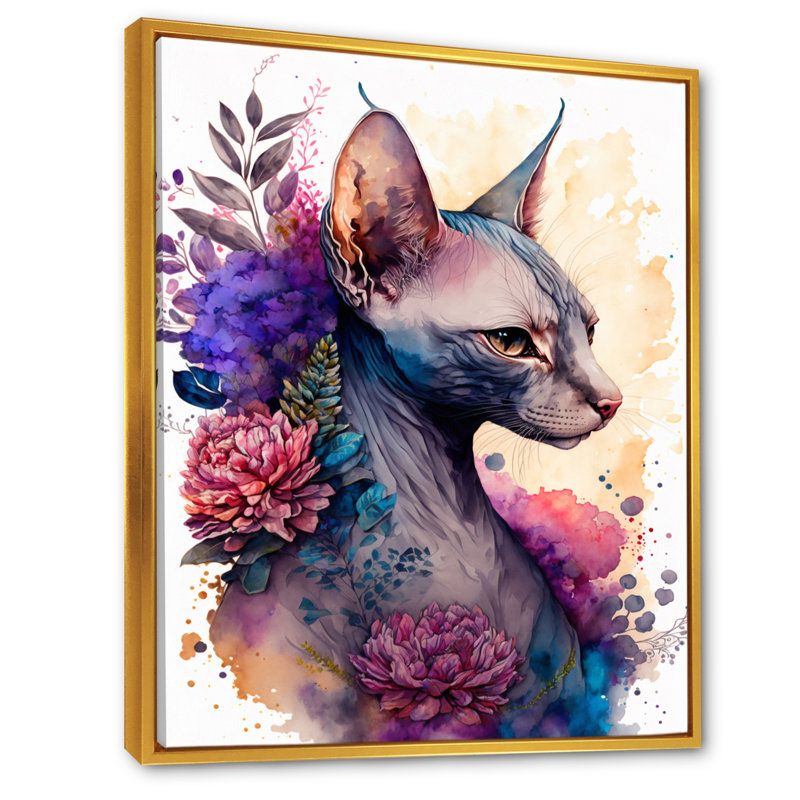 «Cute Sphynx Floral I», impression sur toile, Toile avec cadre flottant or, H 40 po x l 30 po x P 1,5 po