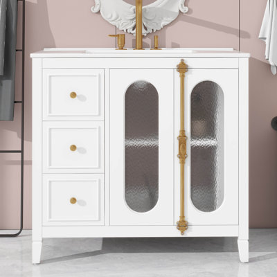 Meuble-lavabo de 36 po avec lavabo en céramique, armoire de rangement de salle de bain avec 3 tiroirs, 2 portes et 2 tablettes latérales ouvertes