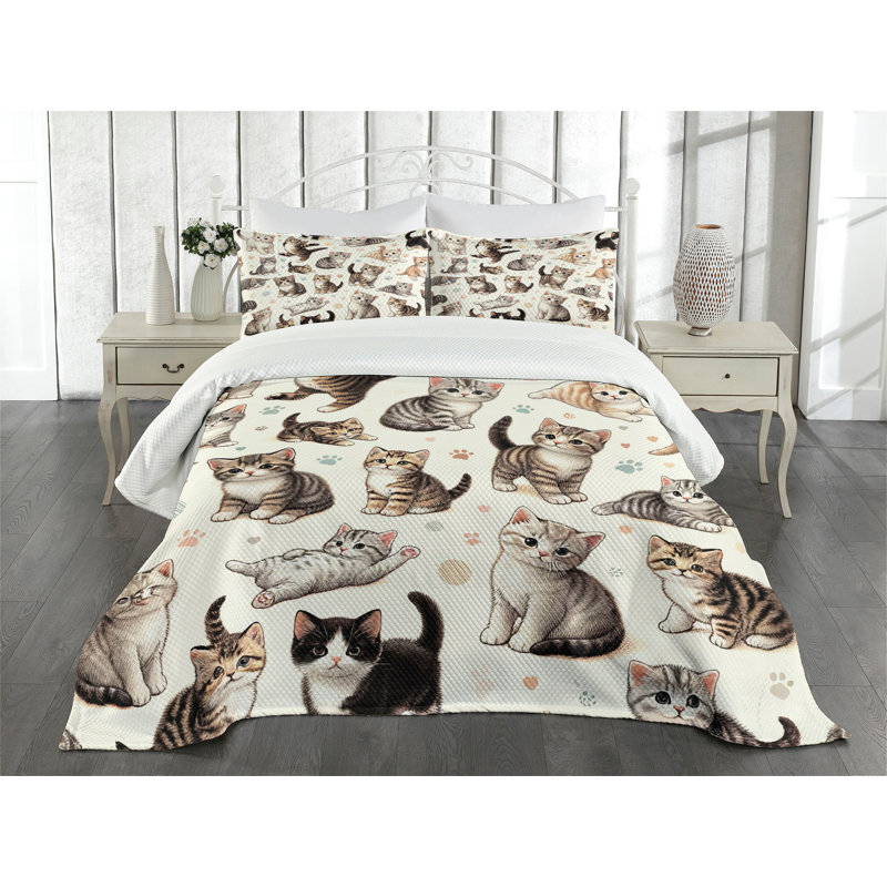 King Size Gray Cat Print Polyester Bedspread Set