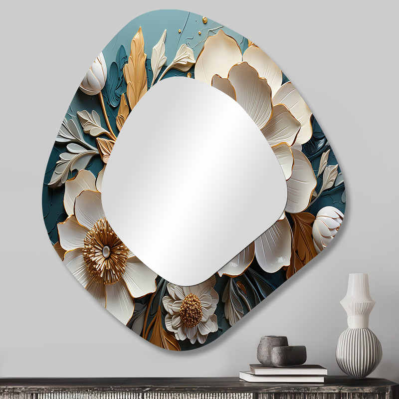 Miroir décoratif blanc et bleu Elegant III - Fleurs, 28 po x 25 po