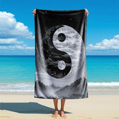 Serviette de plage imprimée Yin Yang Tai Chi - noir et blanc jour et nuit, étoile de lune, images de montagne et d'eau, grande serviette de bain en microfibre à séchage rapide, Yoga Travel Essential, 32 x 63 po, et un sac en toile de style chinois gratuit est inclus