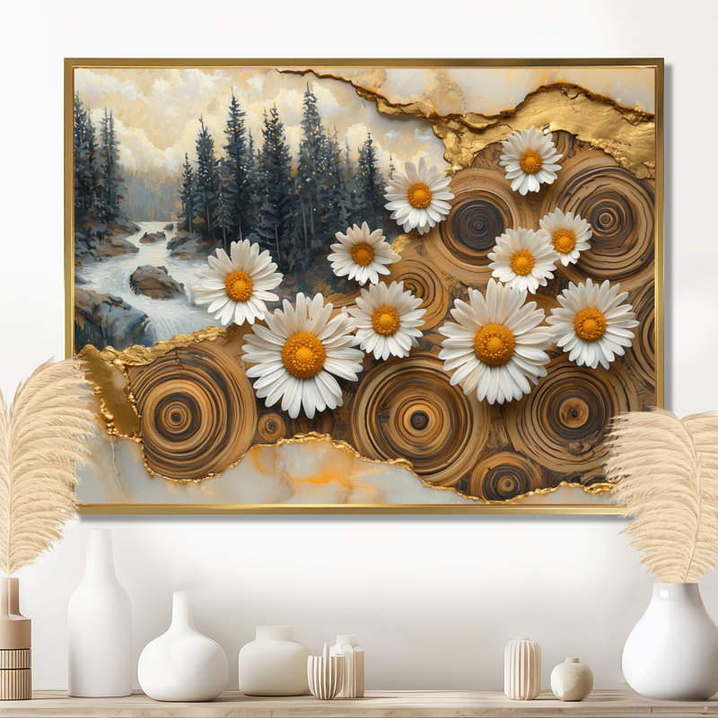 «Murraghn Daisies Flowers Forest Wooden Landscape I» - Art mural marguerites, H 24 po x l 32 po, Or