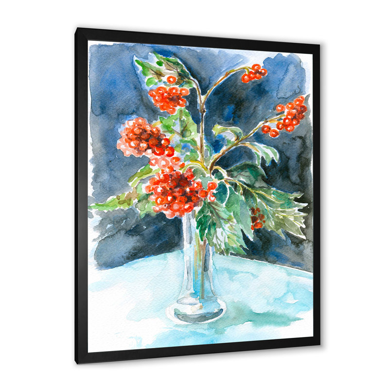 Fleurs de Noël avec baies rouges - Reproduction de photo sur toile, Toile avec cadre photo noir, H 20 po x l 12 po x P 1 po