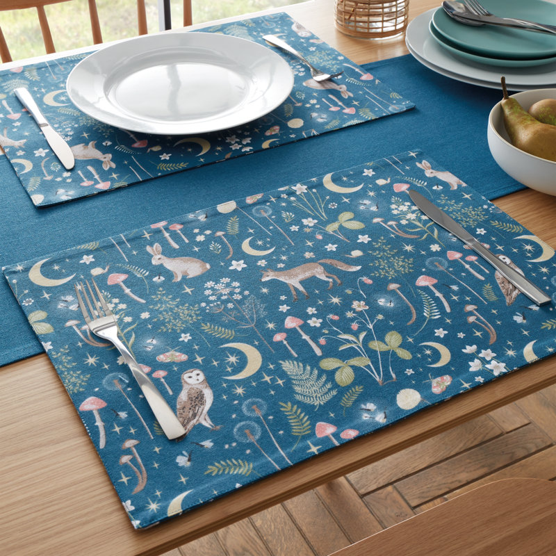 Enchanted Twilight Animals Cotton Dining Placemat 4 Pack, Navy Blue