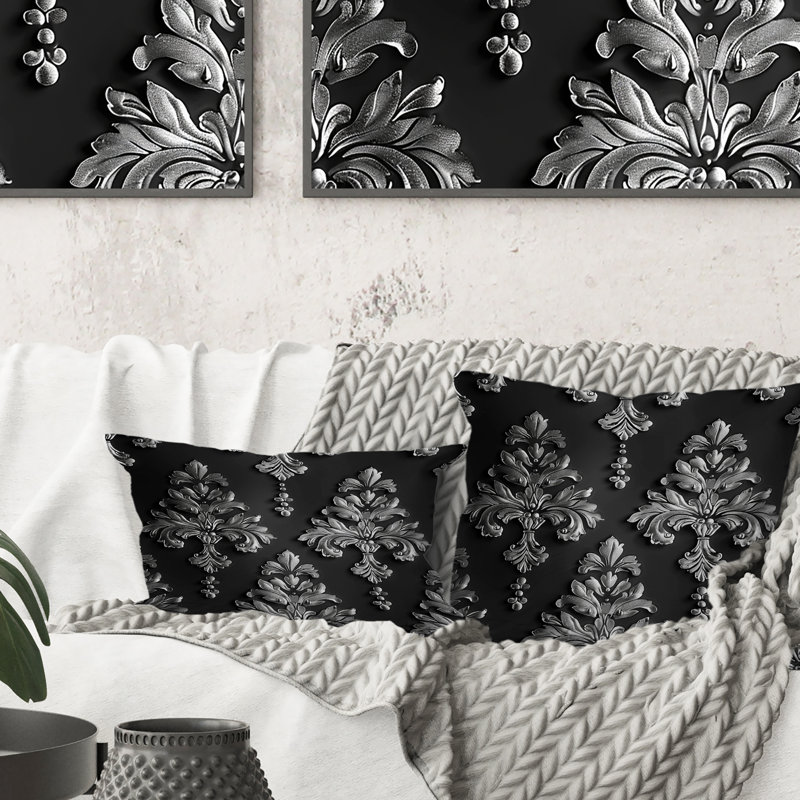 Black Silver Damask Print Glamour III - Traditional Lumbar Pillow