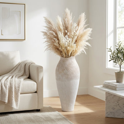 Textured Terracotta Floor Vase with Tall Pattern for Home Decor - Sculptural Table Flower Vase for Living Room Tabletop Display - White & Gold