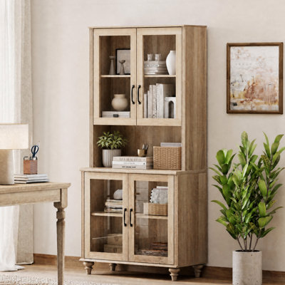 Corretta 72"H x 34"W 5-Tier Bookcase with Glass Doors and Adjustable Shelf, Farmhouse Library Wooden Bookshelves for Living Room, Office, Kitchen, Oak