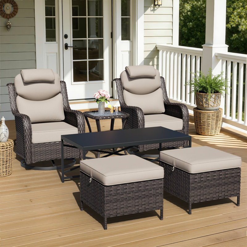Adcox 2-Person Outdoor Rattan Patio Furniture Set with Swivel Chairs,Headrest Pillows,Ottomans,Tables & Beige Cushions, Beige