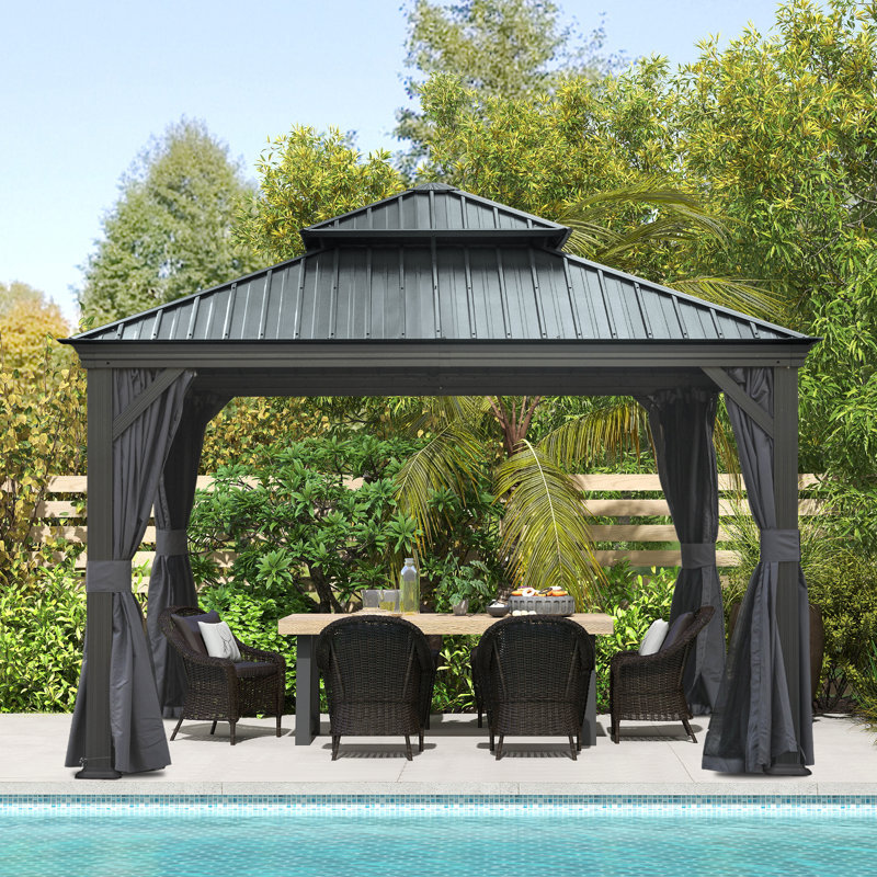 12 Ft. W x 12 Ft. D Galvanized Steel Patio Gazebo with Double Roof, Gray