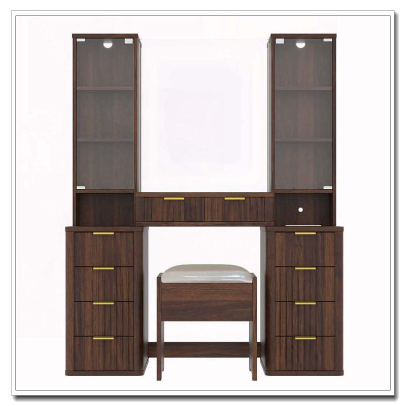 43.5" Fluted Makeup Vanity Desk with Mirror and Lights, Modern Glass Top Vanity Table with 10 Drawers & 2 Transparent Glass Cabinets, Dressing Table Set with Stool