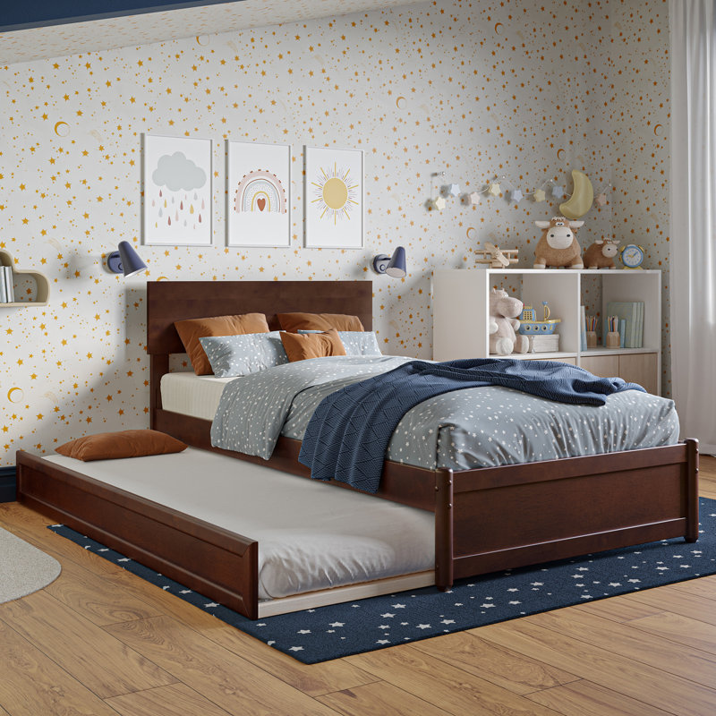 Lit plateforme en bois massif avec lit gigogne Lamecia, Simple, Noyer