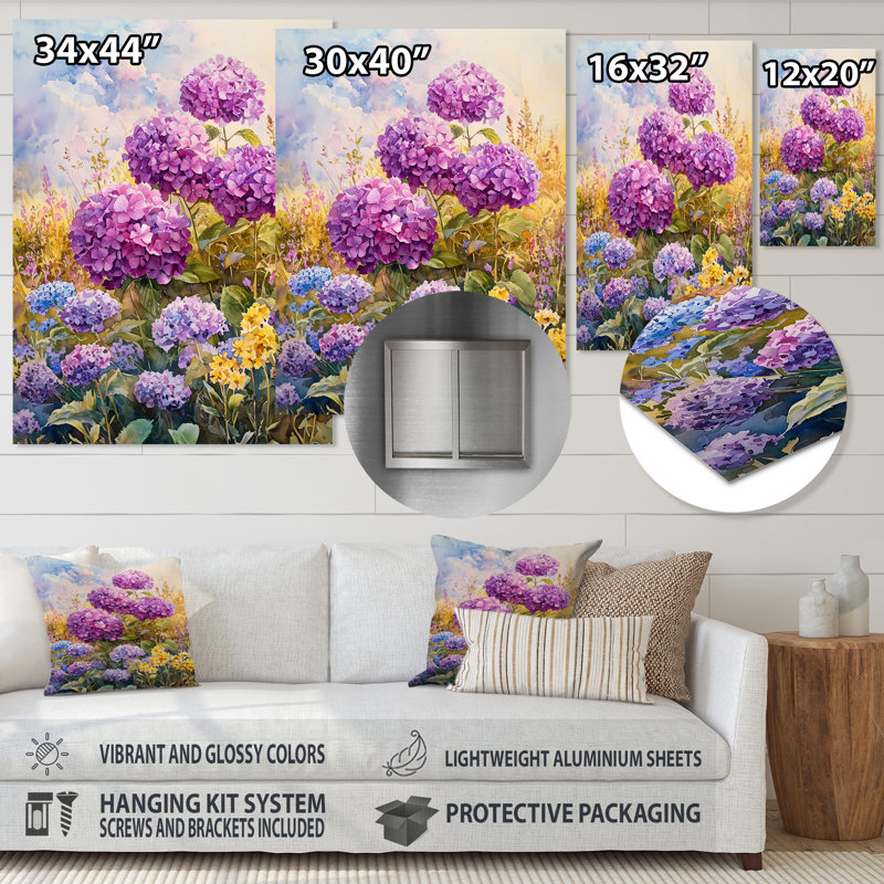 «Country Side Hydrangeas And Wildflowers II», reproduction d'art en métal traditionnelle, art mural en métal Hydrangea