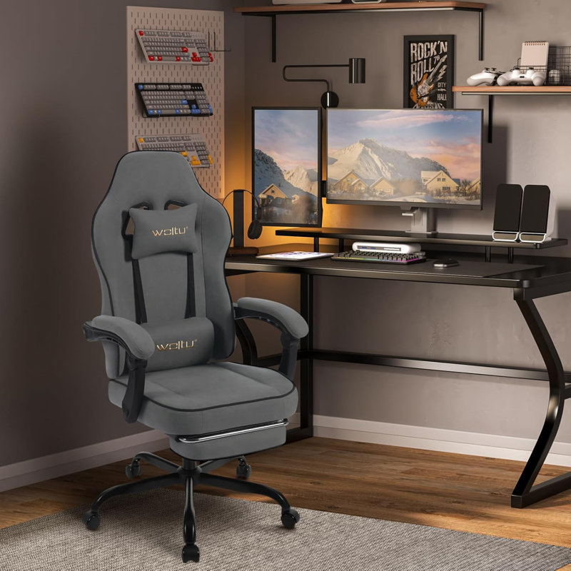 Metro Lane Adjustable Reclining Swiveling PC & Racing Game Chair, 125.5cm H x 70cm W x 70cm D, Grey/Brown/Blue