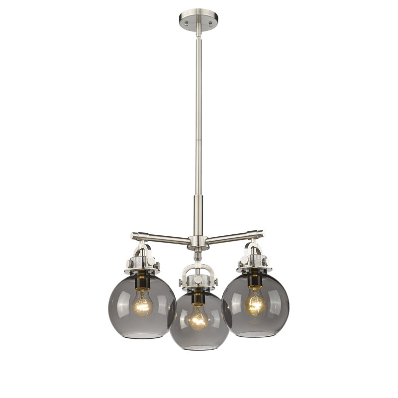 Luminaire suspendu sur tige 3 lumières Lantz, Plaqué couleur fumée, Nickel satiné